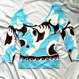 blue brown/white offthe shoulder summer sweater 3/4 sleeve beaded /sequins M